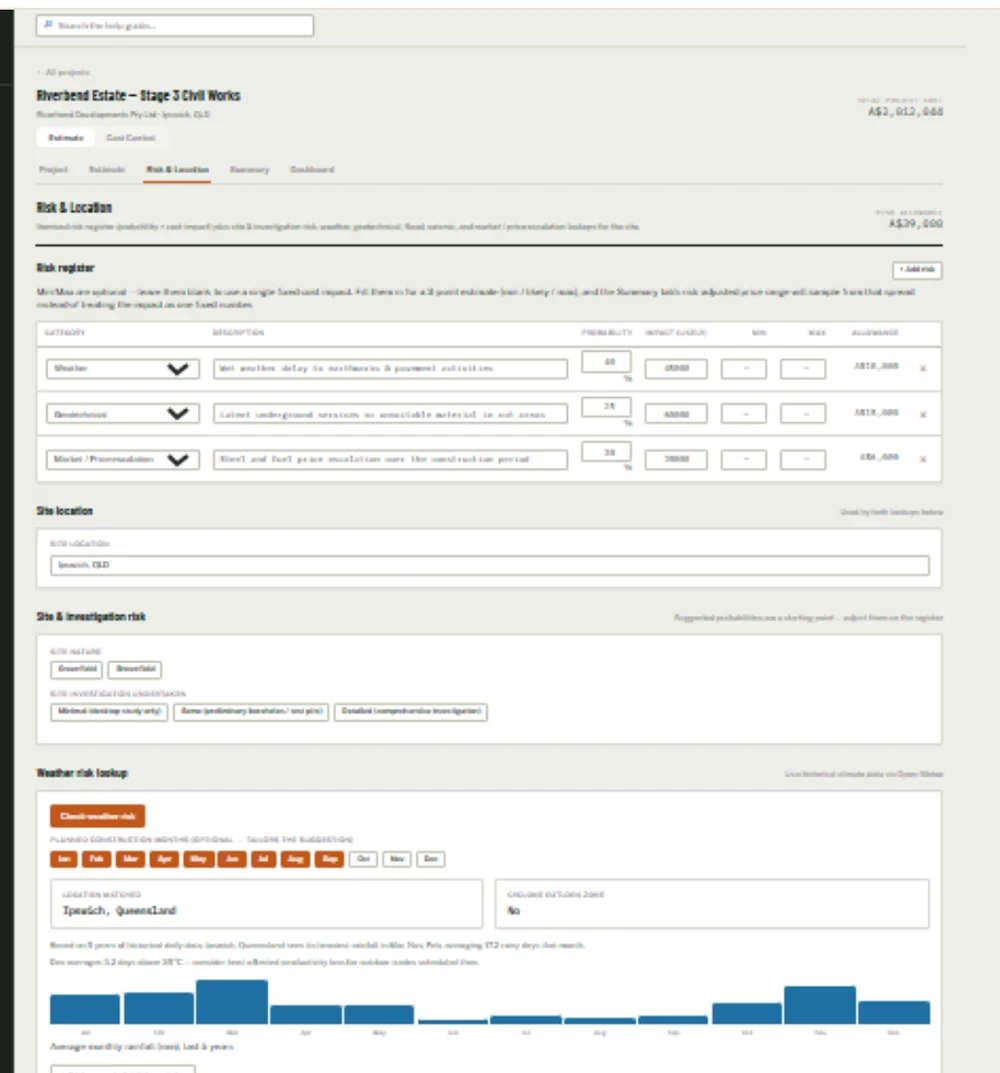 Risk register with weather, geotechnical and market-escalation lookups